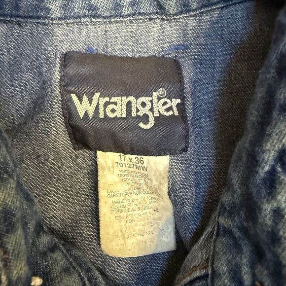Vtg Wrangler Shirt Mens XL 17x36 Denim Pearl Snap Western Work 90s Cowboy - Picture 4 of 10